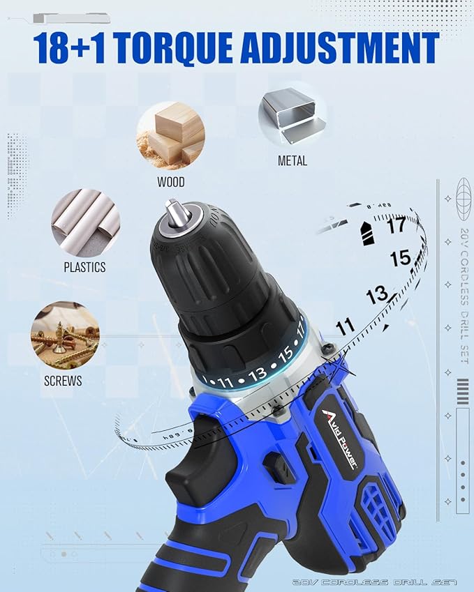 AVID POWER 20V MAX Power Drill Kit, Cordless Drill Set with Battery and Charger, 2 Variable Speed, 3/8-Inch Keyless Chuck, 19 Position and 22pcs Bits - Blue