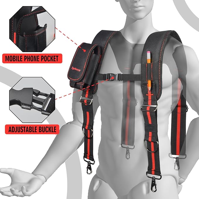 Heavy Duty Tool Belt Suspenders – Adjustable X-Back Padded Shoulder Harness with Universal Hooks – Tactical Work Suspenders for Electricians, Carpenters, Construction
