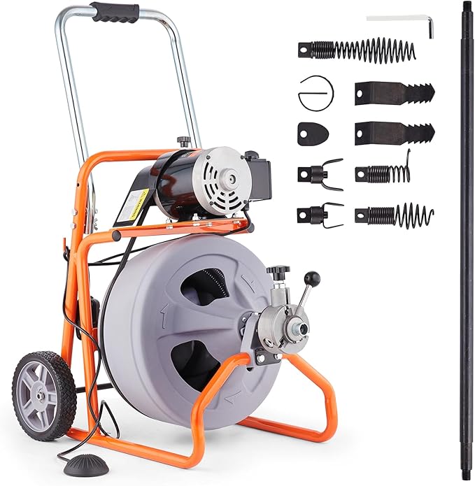 VEVOR Drain Cleaner Machine 100FT x 1/2 Inch, Auto Feed Sewer Snake Drain Auger on Wheels, Portable Drain Cleaning Machine with 8 Cutters & Air-activated Foot Switch for 2" to 4" Pipes