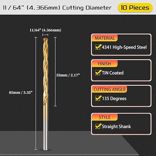 Drill Bit, 11/64" Cutting Diameter, 4341 HSS TiN Coated 135° Cutting Angle Jobber Bits - (Applications: for Drilling Soft Metal Plastic Wood), 10-Pieces