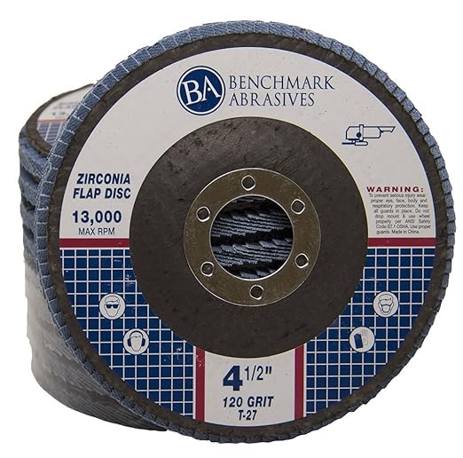 Benchmark Abrasives 4.5" Premium Zirconia Type 27 Flat Flap Discs Grinding Wheels for Sanding Stock Rust Removal Finishing Grinding Deburring Stainless Steel, 7/8" Arbor (100 Pack) - 120 Grit