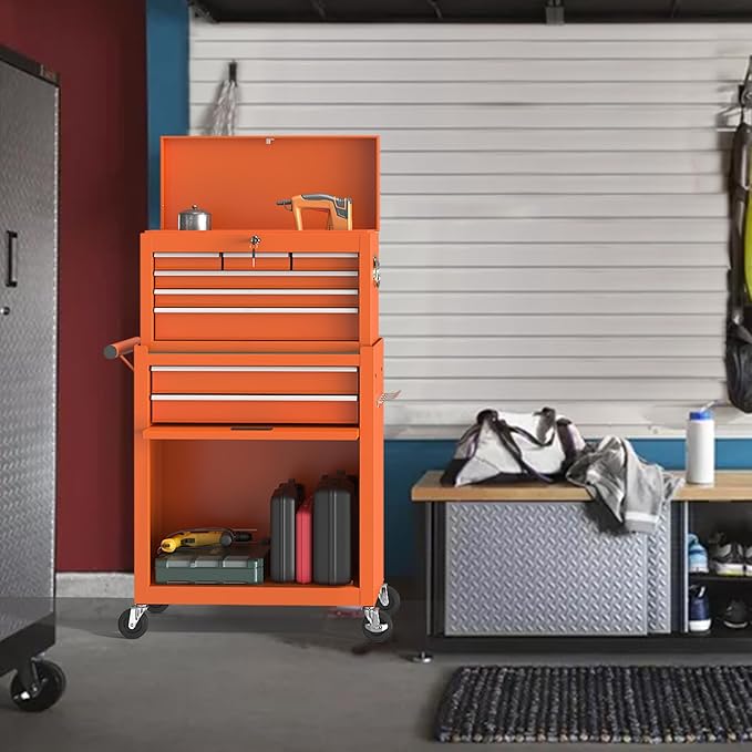 8 Drawer Tools Chest,42.9 inch Tool Cabinet with Universal Lockable Wheels，Organizable Tool Box with Detachable Top Box for Workshop，Orange