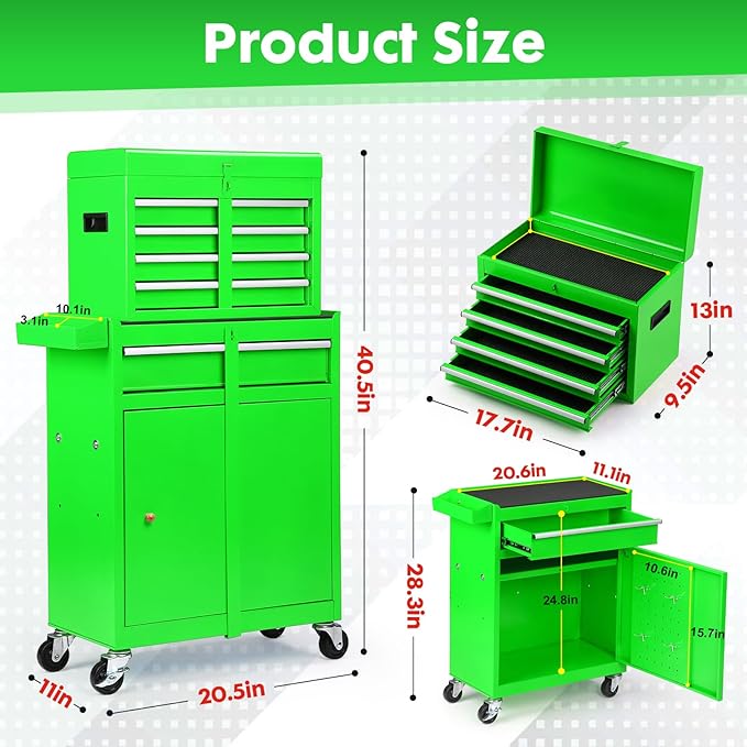 5-Drawer Rolling Tool Chest with Wheels - Large Tool Storage Cabinet with Detachable Toolbox for Repair Room,Warehouse - Rolling Tool Box with Hooks,Liners, Green