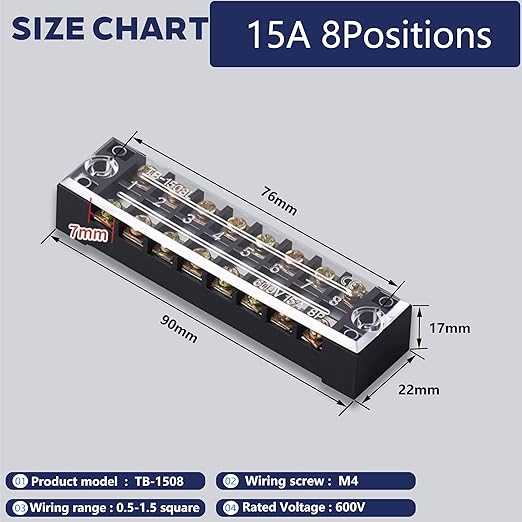 Terminal Block (4 Sets) 4Pcs 8 Positions Dual Row 600V 15A Screw Terminal Strip Blocks with Cover&4Pcs Pre-Insulated Barrier Termina Block Strip&32Pcs Insulated Fork Wire Connector