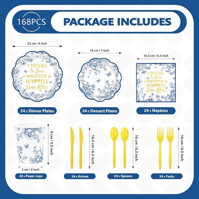 168Pcs Blue Floral Plates Blue Toile Scalloped Plates and Napkins Serves 24 | - Image 4