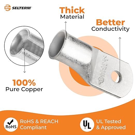 SELTERM 25pcs 3/0 AWG 1/4" Stud Marine Grade Tinned Copper Battery Cable Lugs, 000 Gauge Ring Terminals, UL Wire Lugs Electrical Battery Cable Ends, Tinned Copper Lugs Battery Terminal Connectors