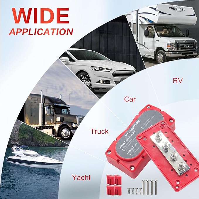300A Bus Bar 12v Power Distribution Block 4 x 5/16"(M8) Terminal Block Heavy Duty Waterproof Buss Bar Junction Block Marine Battery Bus bar for Automotive Boat Solar System(Red)