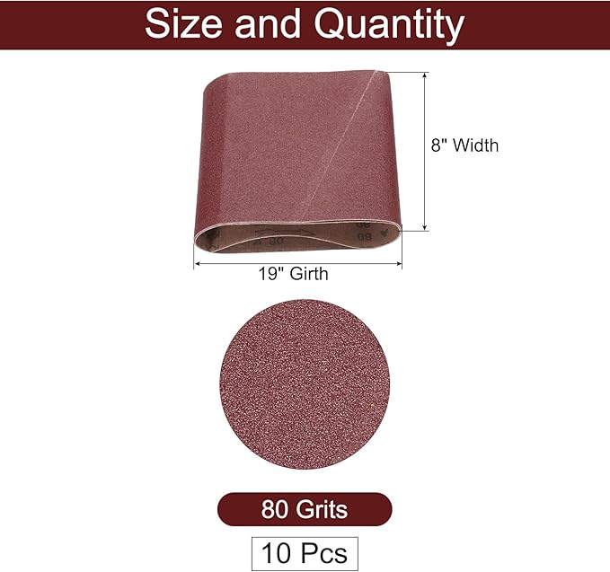 uxcell 10pcs 8" x 19" Sanding Belts 80 Grits Aluminum Oxide Abrasive Belt Sander Paper Sanding Papers for Metal Wood Grinding Polishing, Reddish Brown