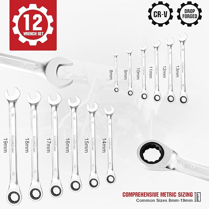 12pcs Ratchet Combination Wrench Set Metric And Standard, 90-Teeth, Metric 8mm-19mm
