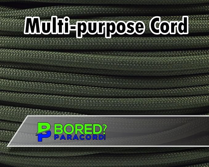 BORED? PARACORD! 550 lb Paracord - Ideal for Crafting, Camping, DIY Projects, Active & Military Outdoors - Strong Survival Rope - Tactical Parachute Cord Type III - Moss 250 Feet