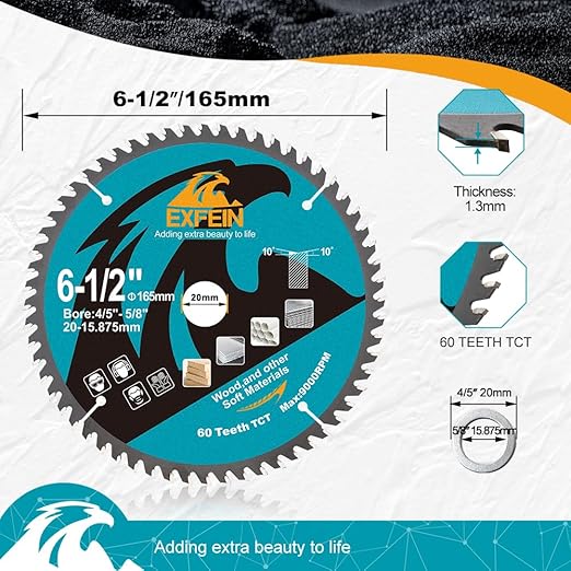 6-1/2 Inch Miter/Table Saw Blades 3pcs, 60 Teeth ATB TCT Fine Finish Wood Cutting Circular Saw Blade with 4/5|5/8 Inch Arbor