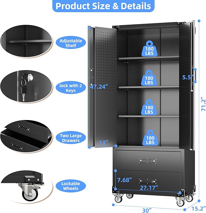 71.2" H Metal Garage Storage Cabinet with Wheels, Tool Storage Cabinets with 2 Lockable Doors and 2 Drawers for Garage Office School Home Warehouse Utility Room, Assembly Required,Black