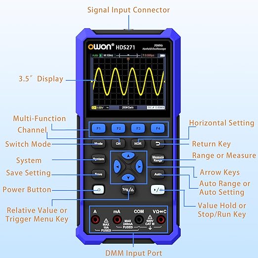 HDS271 OWON Oscilloscope Multimeter, 70MHz Bandwidth 1 Channel Digital Oscilloscope 3 in 1 Multi Multimeter Tester with 100KHz Signal Generator