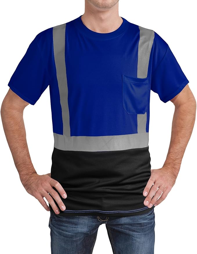 High Visibility Shirts Quick Dry Safety T Shirts with Reflective Strips and Pocket Short Sleeve Mesh Hi Vis Construction Work Class 2 Shirt for Men/Women Black Bottom Blue,2XL