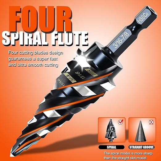 Four Spiral Flute Step Drill Bit for Metal,M35 Cobalt Unibit Step Drill Bit Set 3/16" - 7/8"(12 Sizes),Wear-Resistant AlTiN Coated,1/4" Hex Shank for Metal, Stainless Steel, Aluminum, Plastic