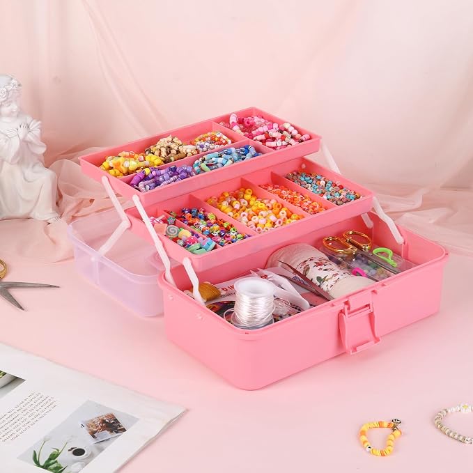 Pink Tackle Box, Craft Organizers and Storage 3-Layer Portable Folding Toolbox - Image 6