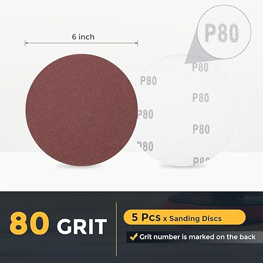 HARFINGTON 5 Pcs 6 Inch Sanding Disc 80 Grit Hook and Loop Sandpaper Random Orbital Sander Pads for Woodworking Automotive Metal Polishing