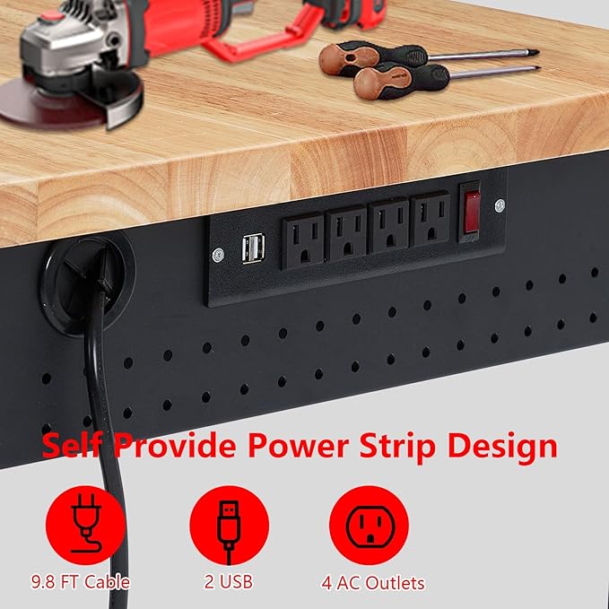 60x22 Inch Heavy-Duty Adjustable Workbench with Rubber Wood Top – 2000LB Capacity Mobile Garage Workstation, Locking Wheels, Power Outlets, Ideal for Workshop, DIY & Tool Storage