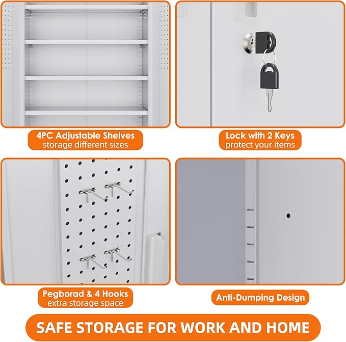 Aobabo 73''H Metal Garage Storage Cabinet with Wheels and Pegboards, 4 Adjustable Shelves Steel Storage Cabinets for Home,Warehouse,Garage,Assembly Required,White