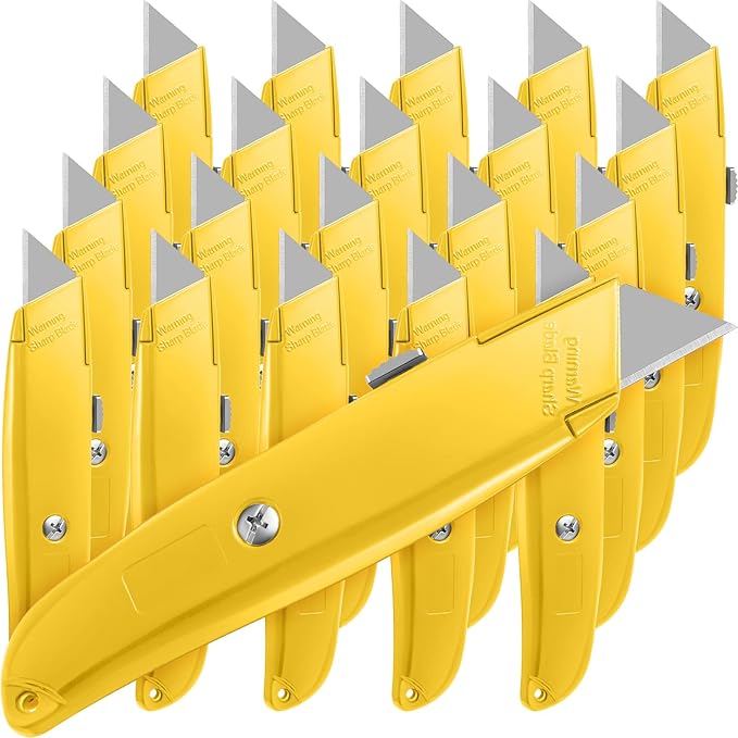 Reginary 20 Pcs Box Cutter Bulk Retractable Utility Knife Heavy Duty Aluminum Alloy Razor Knife for Cardboard Box Carton Opener for DIY, Factory, Home Office(Yellow)