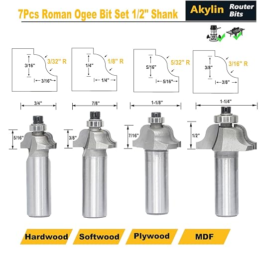 7Pcs Roman Ogee Router Bit Set,1/2" Shank,Decorative Edge Bits Double Radius 3/32", 1/8",5/32",3/16",7/32", 1/4" and,5/16" Edging Cutter for Wood Profiling,Routing,Molding