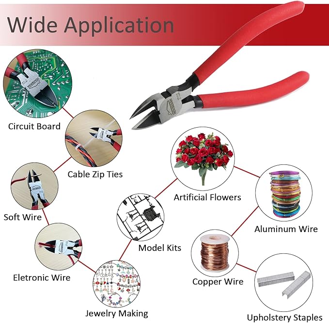 6 inch Side Cutters - Diagonal and Spring Loaded Wire Cutters with Non-slip Red Handle, Ideal for Jewelry, Crafting, Zip Tie, Heavy Duty