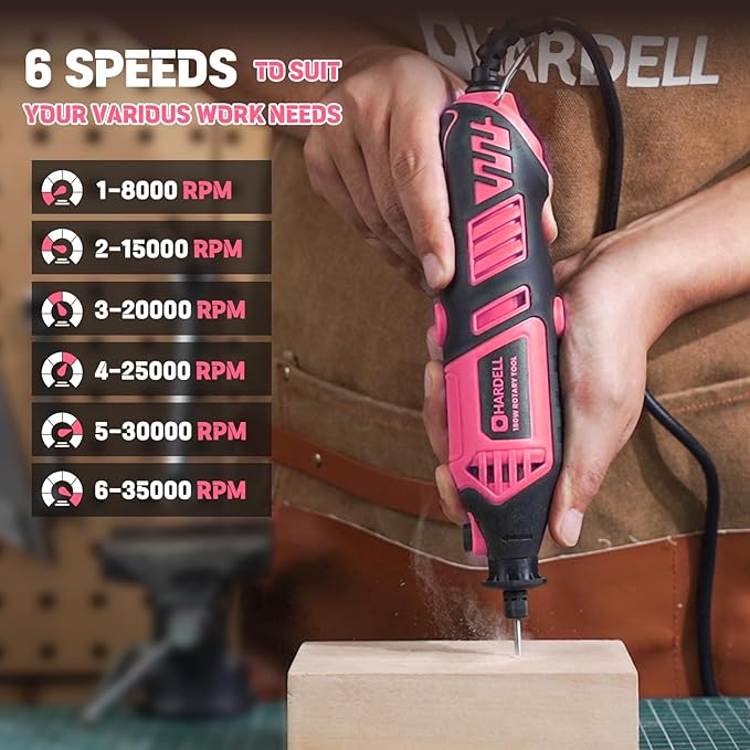 HARDELL Rotary Tool Kit - 180W Corded Power Rotary Tool 6 Variable Speeds with 61 Accessories, 8000-35000RPM, for Sanding, Polishing, Cutting, Engraving,Carving, DIY Crafts (PINK)