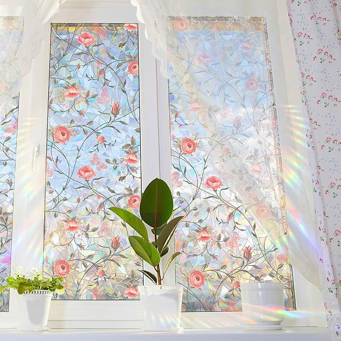 Retro Rose Window Privacy Film, Stained Glass Decals Red Rose Privacy Rainbow - Image 2