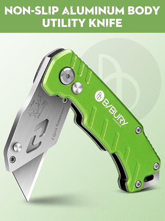 Utility Knife, BIBURY Upgraded Version Heavy Duty Box Cutter, Pocket Carpet knife with 10 Replaceable SK5 Stainless Steel Blades, Belt Clip, Easy Release Button, Quick Change and Safety Lock-Green