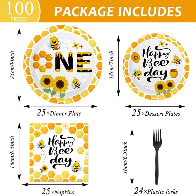 Qyeahkj 100 Pcs Bee 1st Birthday Party Supplies Paper Plates and Napkins Set - Image 2