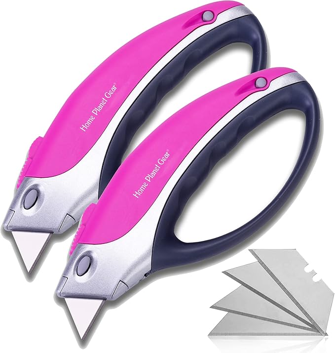 Pink Box Cutter Retractable Utility Knife - Two Pack Heavy Duty Cardboard Carton Cutter Opener Retracting - with 5 Sharp Utility Razors