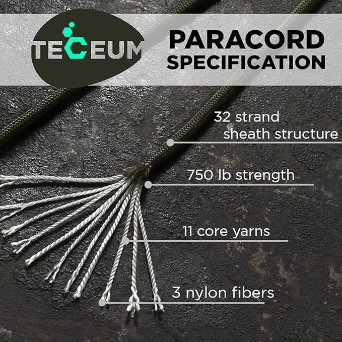 TECEUM 5/32" Paracord Rope 1000 – 1000ft / 200ft / 100ft / 50ft – Tactical Parachute Cord 4mm – 45+ Colors – Nylon String for Survival & Camping Gear – Stripe Cord for Survival – Utility Rope