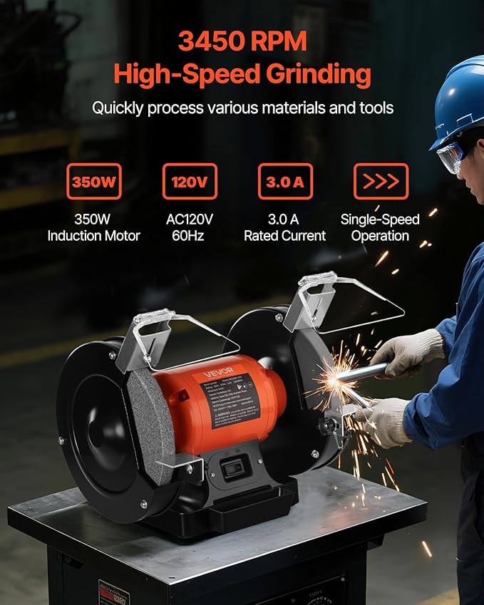 VEVOR Bench Grinder, 8-inch Single Speed Bench Grinder, 3450RPM High-Speed Table Grinders with 350W 3.0A Induction Motor, 36/60-Grit Grinding Wheel & Adjustable Eye Shield for Fast Sharpening Grinding