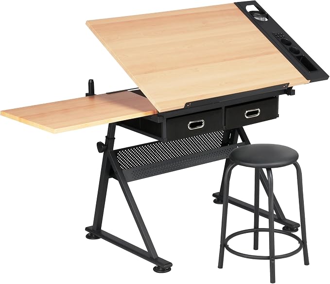 Yaheetech Adjustable Drafting Table Art Desk, Storage Drawers & Stool, Wood | by Unknown