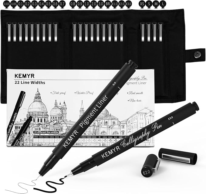 KEMYR Micro Fine liner Drawing Art Pens Calligraphy Pens: 22 Size Art supplies by Kemyr