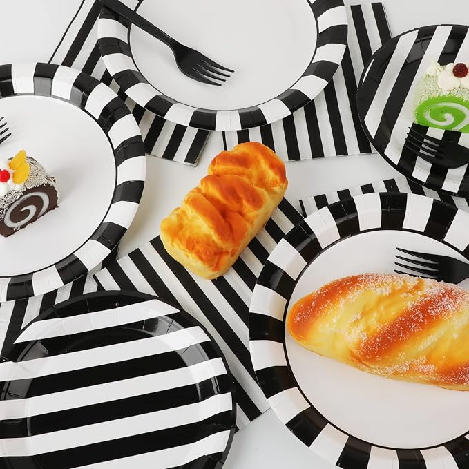 200pcs Black and White Party Plates Napkins Forks Striped Theme Party Tableware - Image 5
