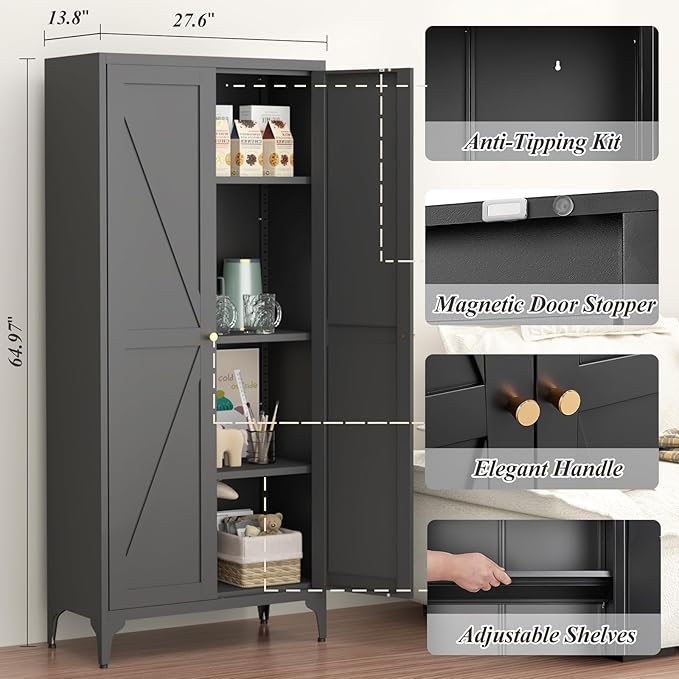 GREATMEET 65" Tall Kitchen Pantry Storage Cabinet, Black Pantry Storage Cabinet, Farmhouse Metal Kitchen Cupboard with Doors for Garage, Dining Room, Living Room and Laundry