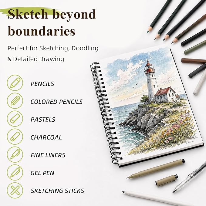 Conda 8.5"x11" Hardbound Sketch Book, 80-Sheets 90gsm Double-Sided Hardcover - Image 3