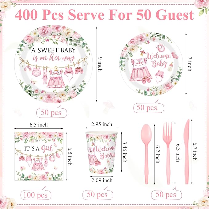 Pickmesh 400 Pcs Floral Baby Shower Party Decoration Include A Sweet Baby ls on - Image 3