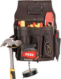FESA Leather Electrician Tool Pouch - 13-in-1 Top Grain Leather Electrician Pouch w/Steel Hammer Loop, Tape Measure Clip, Tape T-Chain & 6 Pockets - Fits Belts up to 3" - Handcrafted