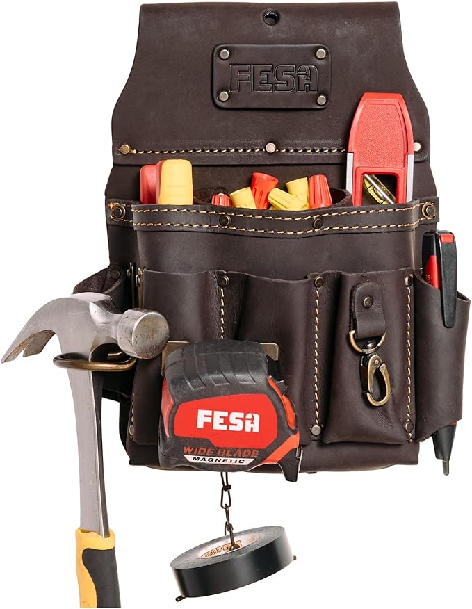 FESA Leather Electrician Tool Pouch - 13-in-1 Top Grain Leather Electrician Pouch w/Steel Hammer Loop, Tape Measure Clip, Tape T-Chain & 6 Pockets - Fits Belts up to 3" - Handcrafted
