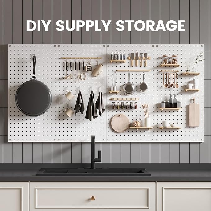 Pegboard, Metal Peg Board, Pegboards Wall Organizer with 76 Pcs Hooks, Sturdy Peg Board for Garage Tool Organization, Home & Office Wall Decoration (White, 4 Pack)