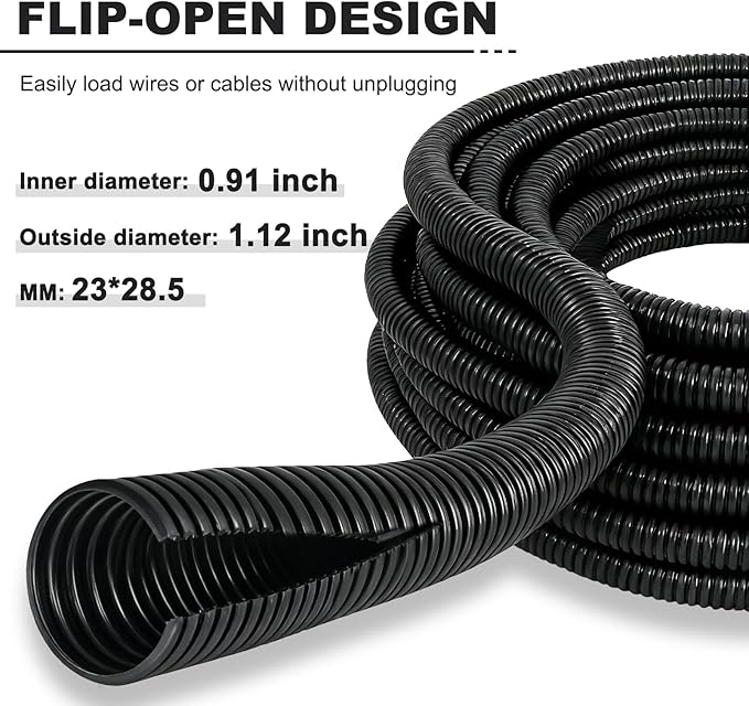 50FT 1 inch Split Wire Loom Tubing Kit with 2 Clamps - Flexible Abrasion Resistant Conduit for Automotive, Mechanical Cable Protection
