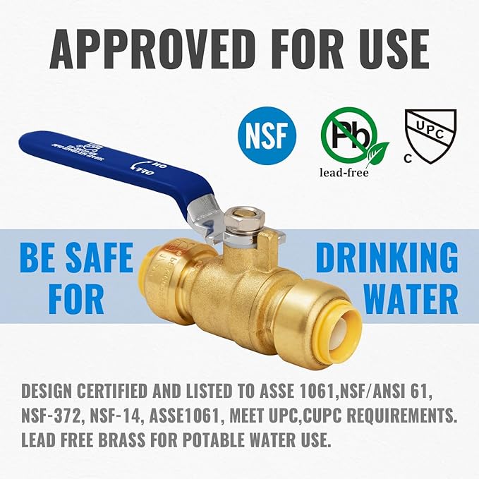 SUNGATOR 1/2" Shut Off Valve, Ball Valve 1/2 Inch, Pushfit Water Shutoff, No Lead Brass Push-to-Connect Plumbing Fittings for Pex Pipe, Copper, CPVC, with 1 Disconnect Clip, Pack of 2