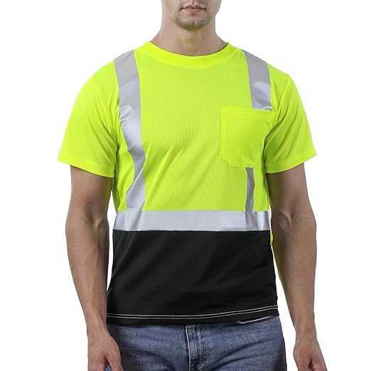 sesafety Hi Visibility Shirts for Men, Safety Shirts with Reflective Strips Class 2, Hi Vis Construction Work Shirt with Pocket Yellow L