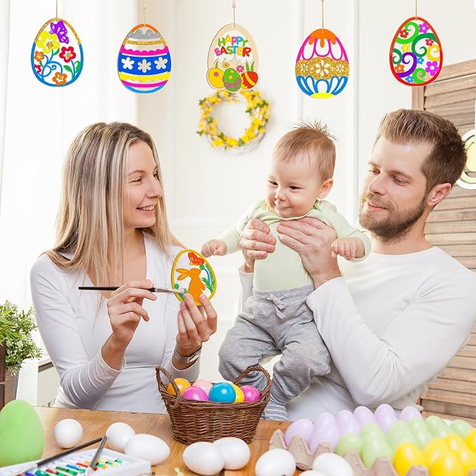 80PCS Wooden Easter Ornaments to Paint, 10 Styles DIY Blank Unfinished Wood Egg - Image 3