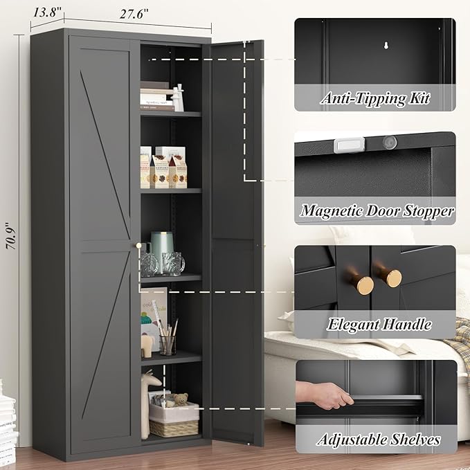 GREATMEET 71" Tall Storage Cabinet, Farmhouse Food Pantry Cabinet, Black Metal Kitchen Cupboard with Doors for Garage, Dining Room, Living Room and Laundry