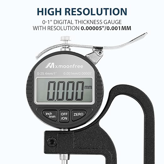 Digital Thickness Gauge 0.001mm/0.00005" | 0-25.4mm/1.0" Electronic Micrometer Thickness Meter with LCD Display, Unit Conversion, Storage Case, Extra Battery