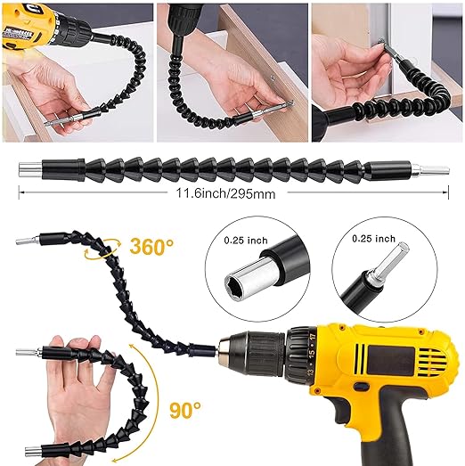 Flexible Drill Bit Extension, 11.6 Inch Super Bit Screwdriver Kit, Manual 90 Right Angle Drill Attachment, 1/4 Flexible for Drill, Screwdriver Bit Set