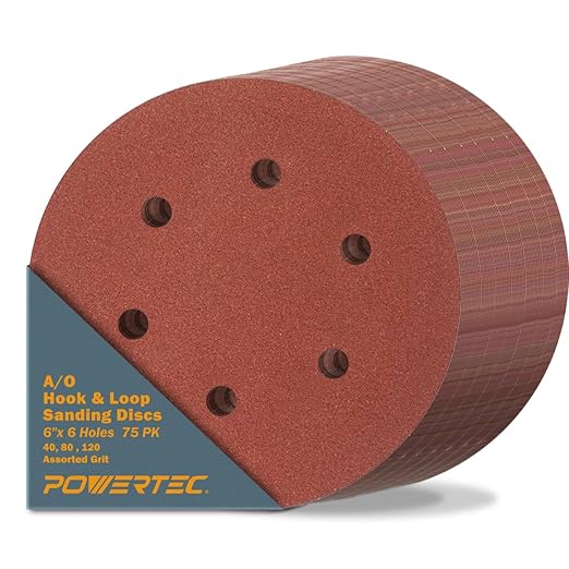 POWERTEC 40/80/120 Grit, 75 PK, 6 Inch Sanding Discs – Hook and Loop, 6-Hole Aluminum Oxide Orbital Sander Pads, Woodworking Round Sandpaper for Random Orbital, Air, Pneumatic & DA Sanders (45251)